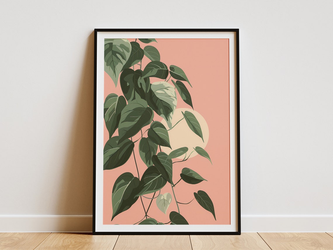 Trailing Heart Leaf Vine Coral Pink Minimalist Botanical Nature Poster