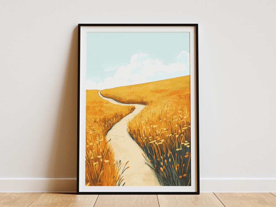 Golden Meadow Hillside Winding Path Sunny Landscape Art Poster