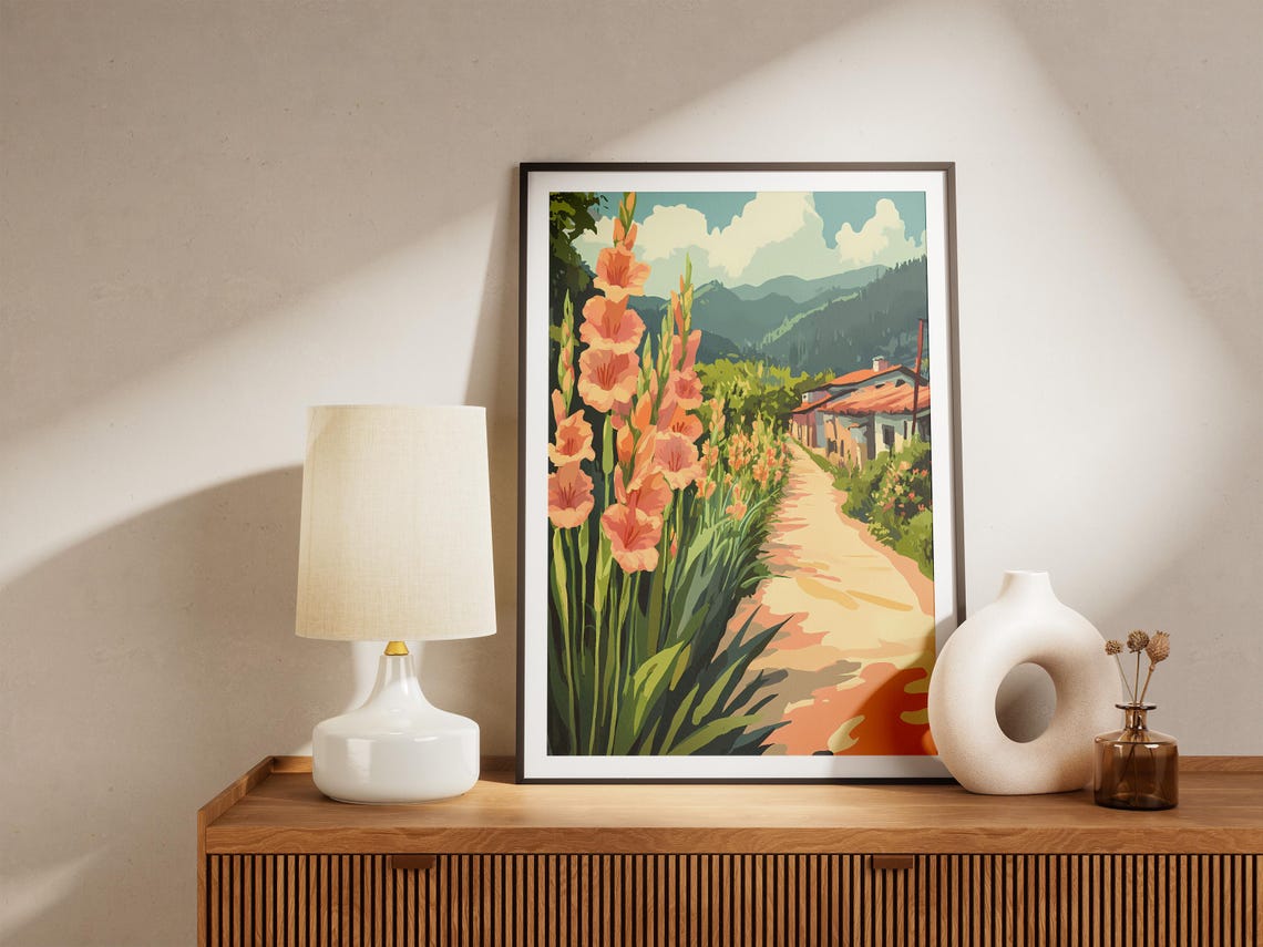 Orange Gladiolus Village Road Mountain Cottages Flower Poster - Image 5