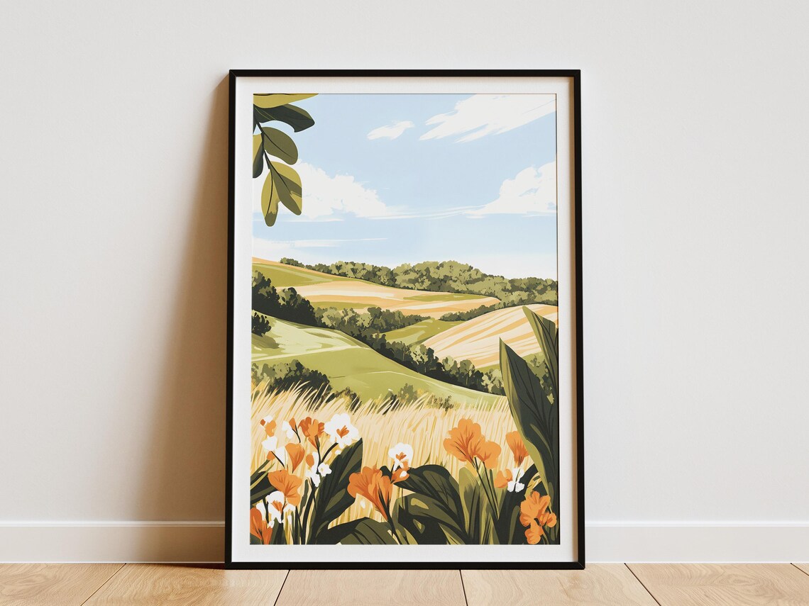 Green Valley Hills With Orange Wildflowers Spring Scene Poster