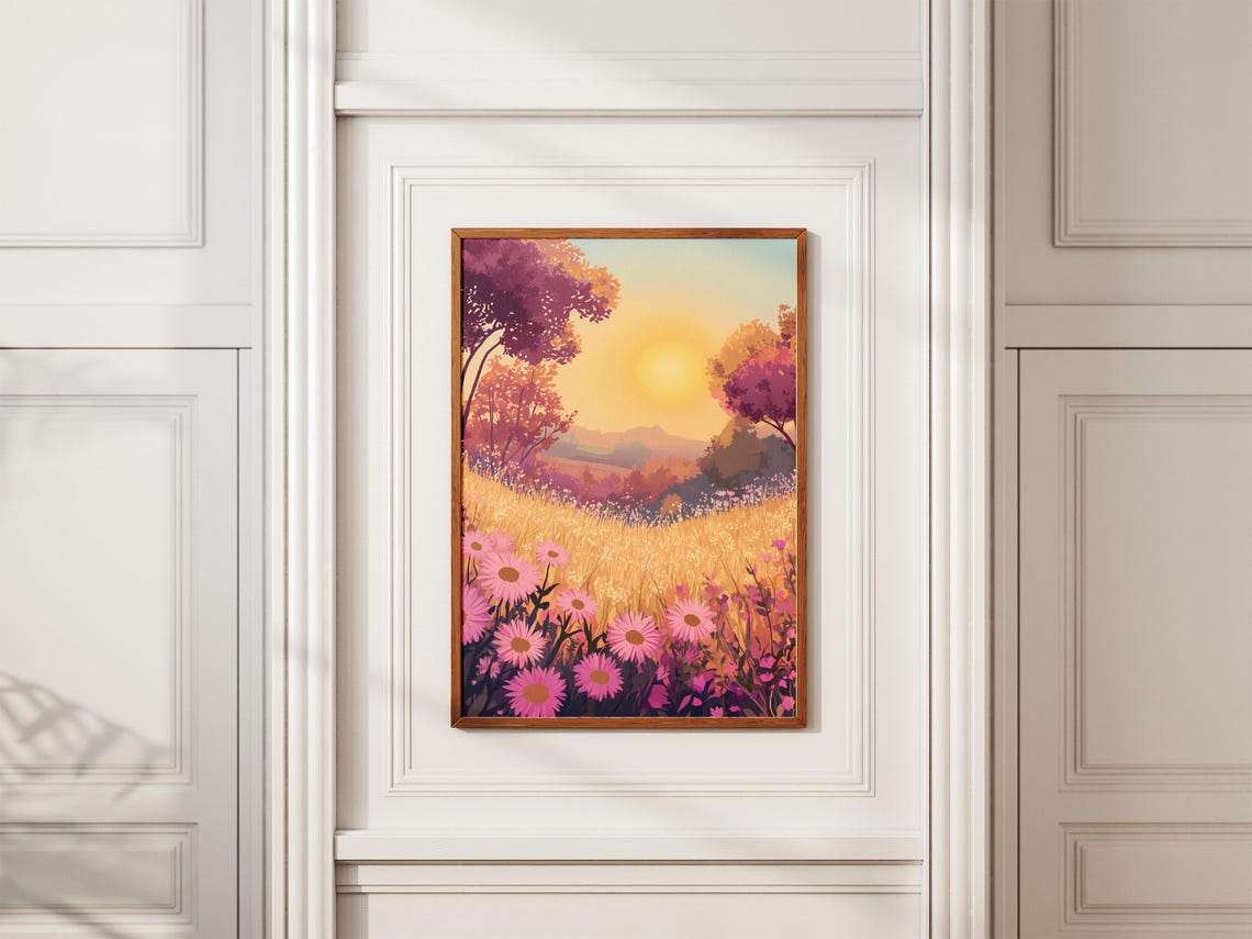 Pink Cosmos Flower Meadow at Golden Sunset Poster With Field Trees - Image 2