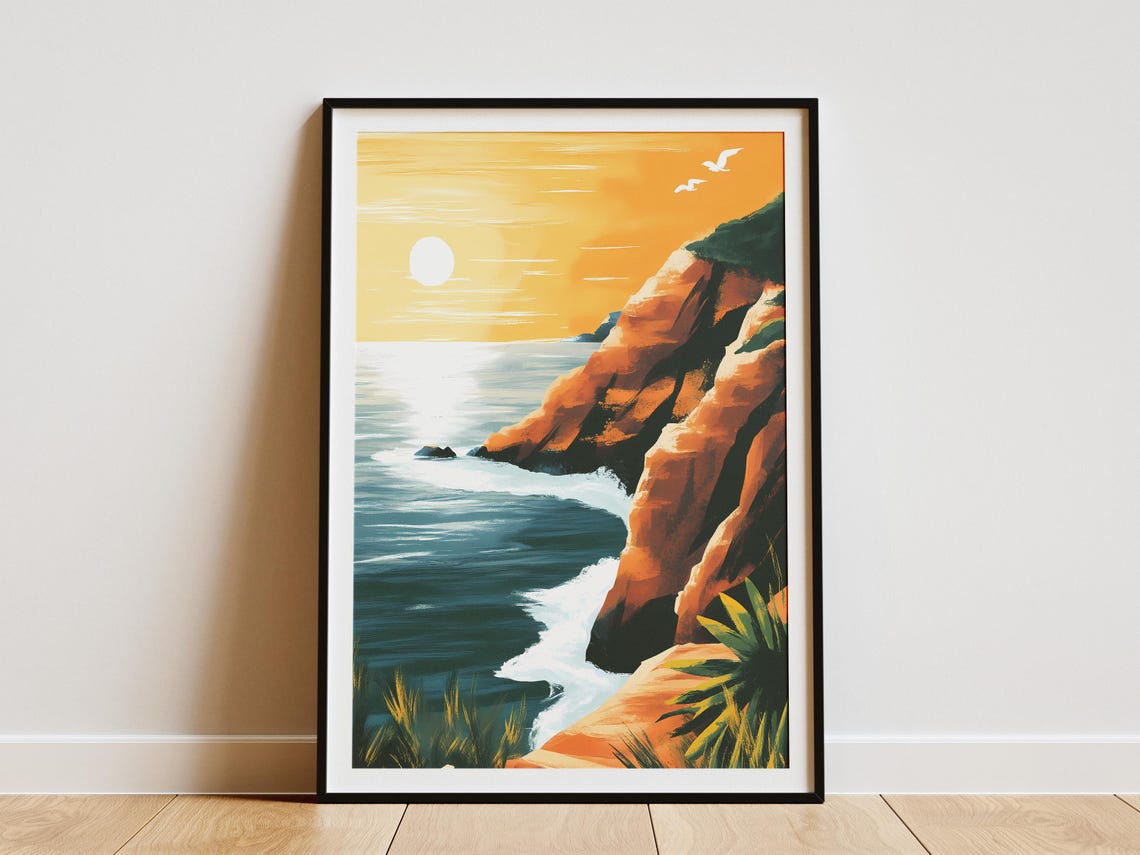 Golden Sunset Over Rocky Coastal Cliffs Ocean Landscape Poster