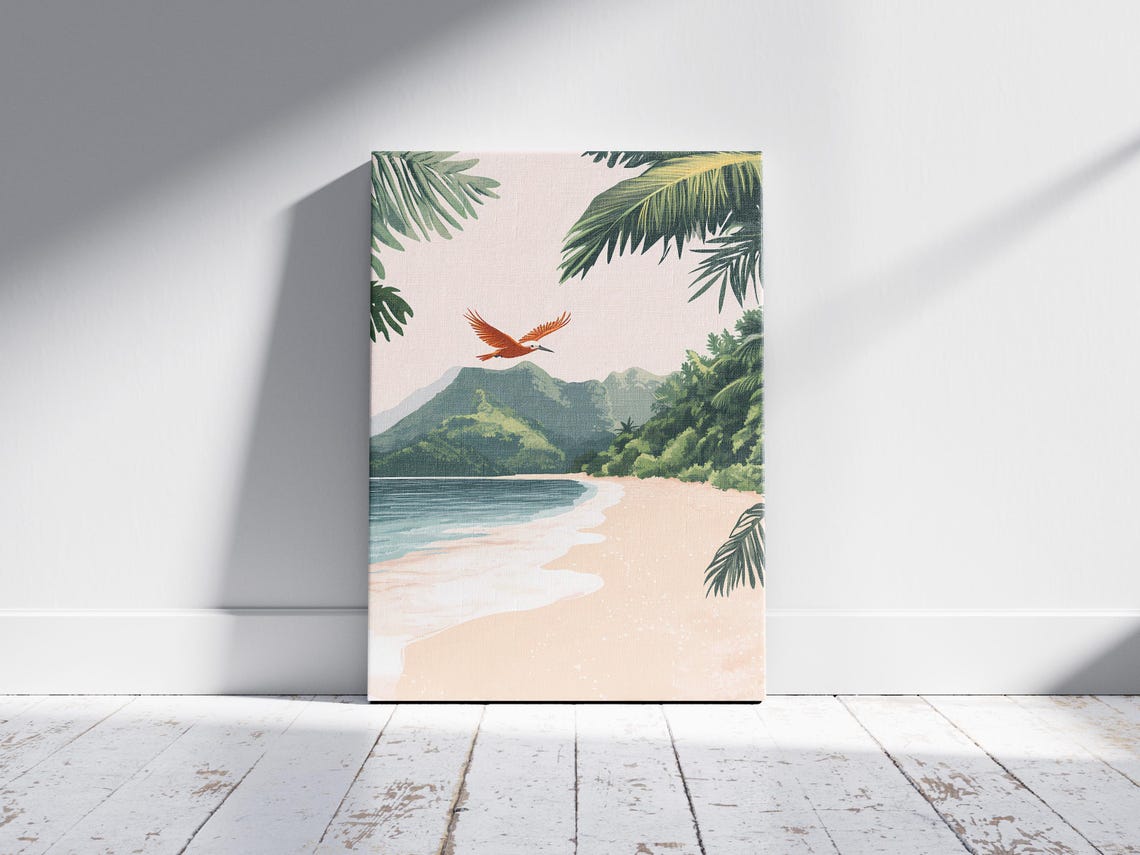 Tropical Beach with Orange Bird Flying Palm Trees Mountain Wall Art - Image 2