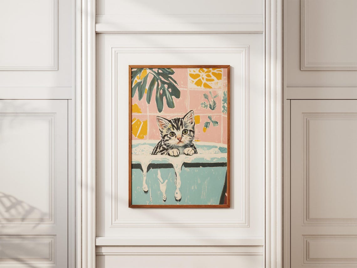 Tabby Kitten in Foamy Bubble Bath Floral Pink Bathroom Cat Poster - Image 2