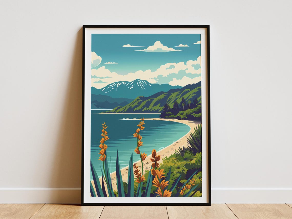 Coastal Bay Sandy Beach Snowy Mountains Flower Foreground Poster