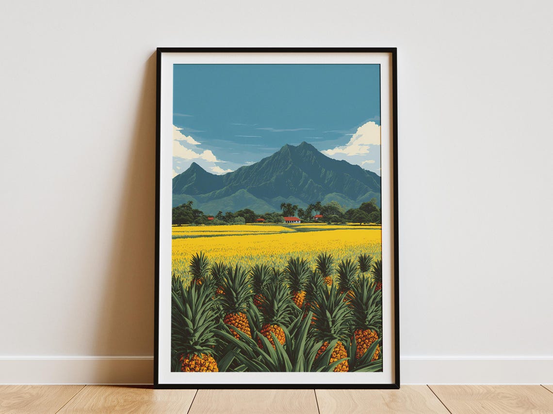 Pineapple Field Hawaii Tropical Mountain Landscape Vintage Poster
