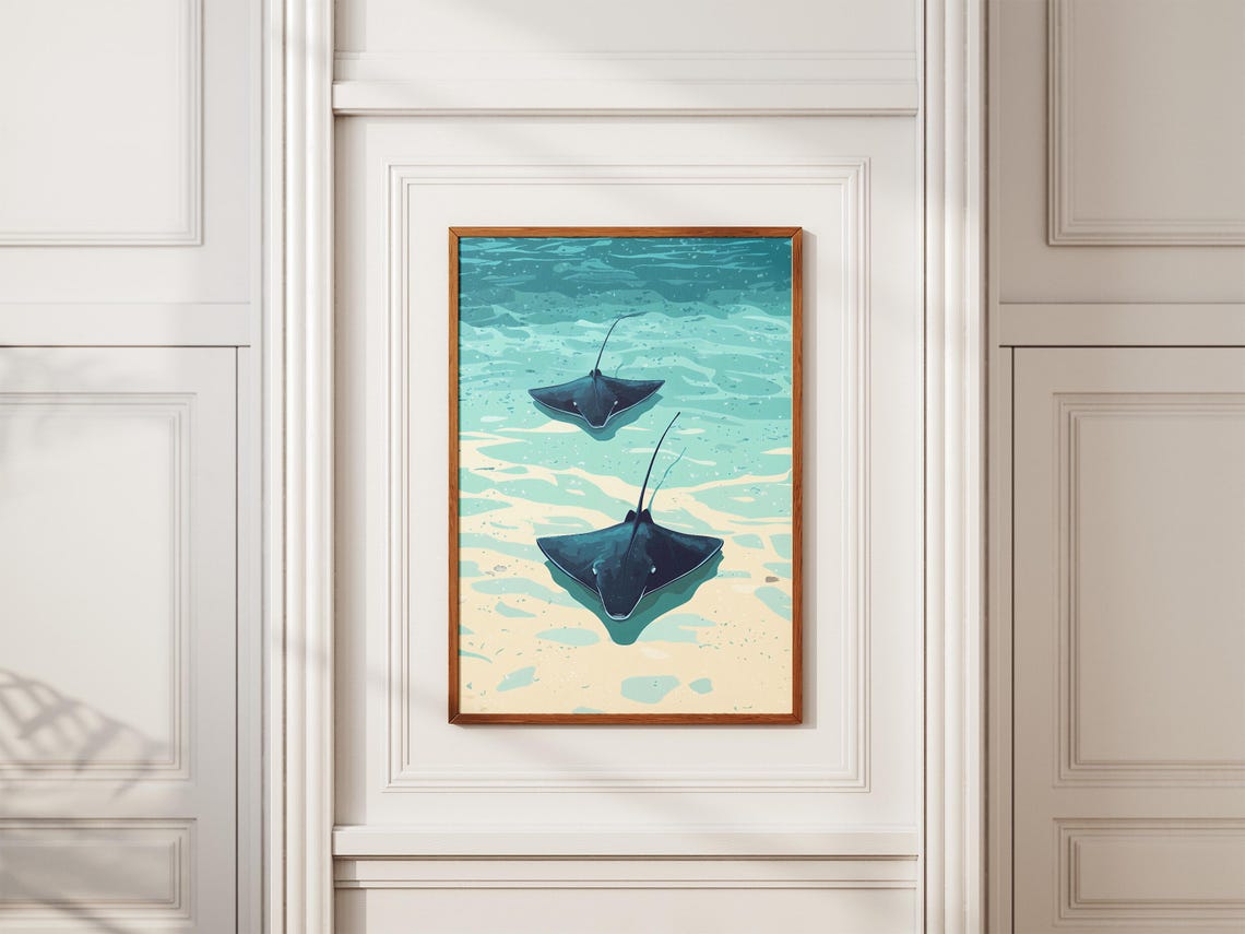 Two Stingrays Gliding Over Shallow Turquoise Water Ocean Poster - Image 2