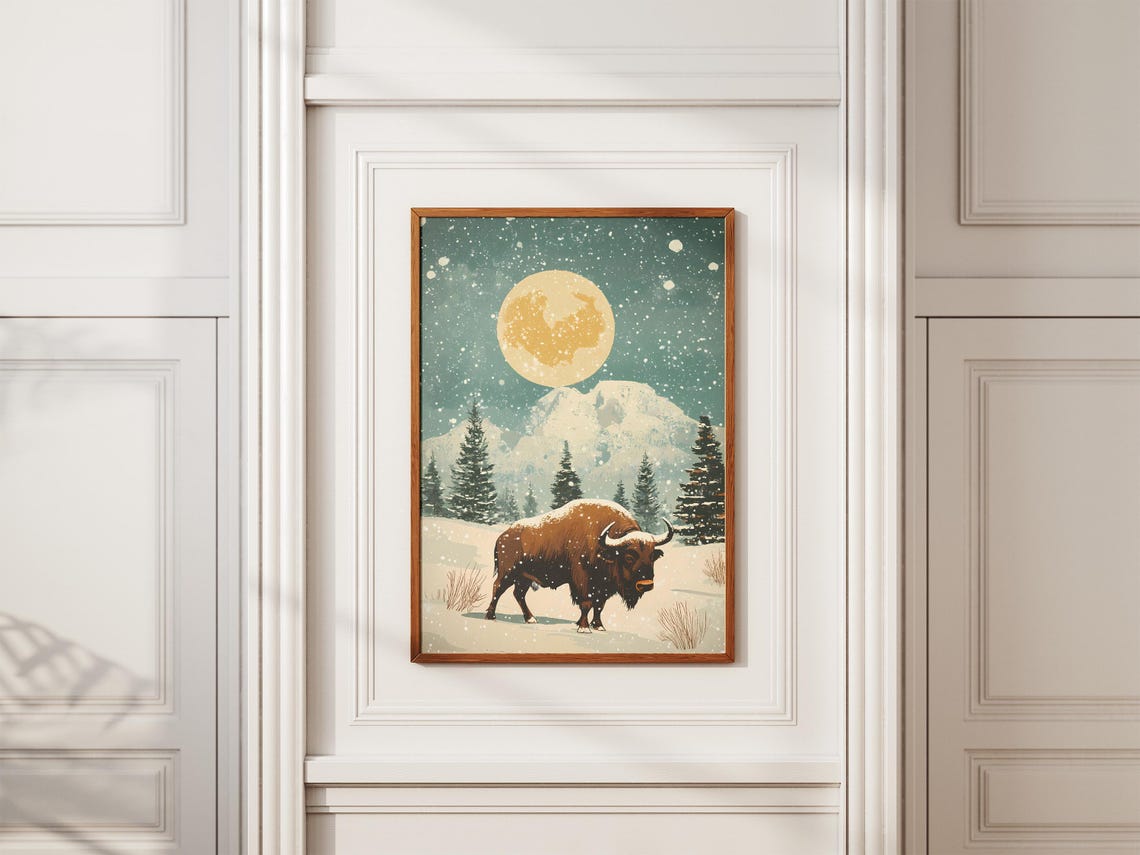 Christmas Buffalo Snow Prairie Vintage Festive Poster Print Winter Animal Art Snowy Landscape Holiday Decor Bovine Illustration Farmhouse - Image 2