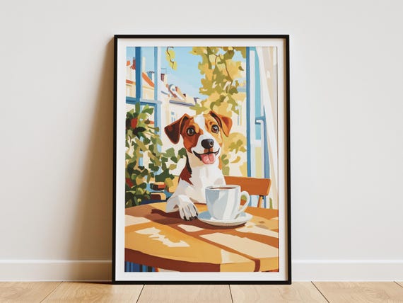 Jack Russell Terrier Art Print Cozy Cafe Coffee Poster Dog Lover Gift Wall Kitchen Decor Cute Animal Illustration