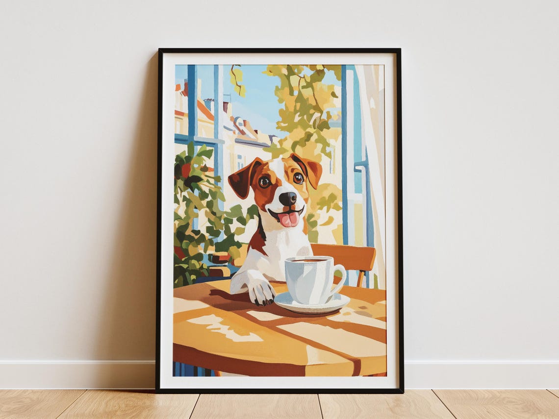 Happy Jack Russell Terrier Smiling with Coffee at Cafe Poster