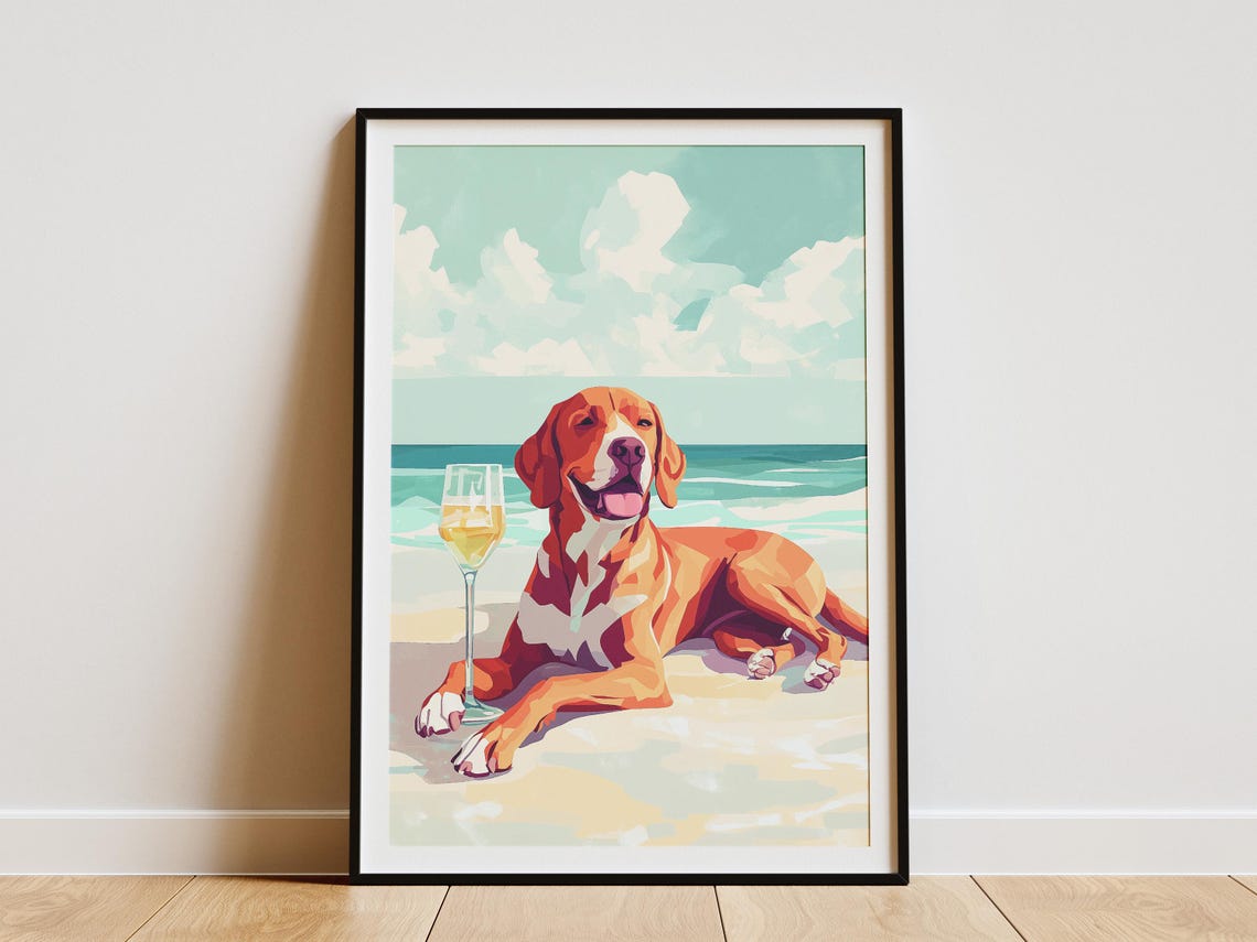 Sleek Golden Red Dog Smiling With Wine Glass On The Beach Poster