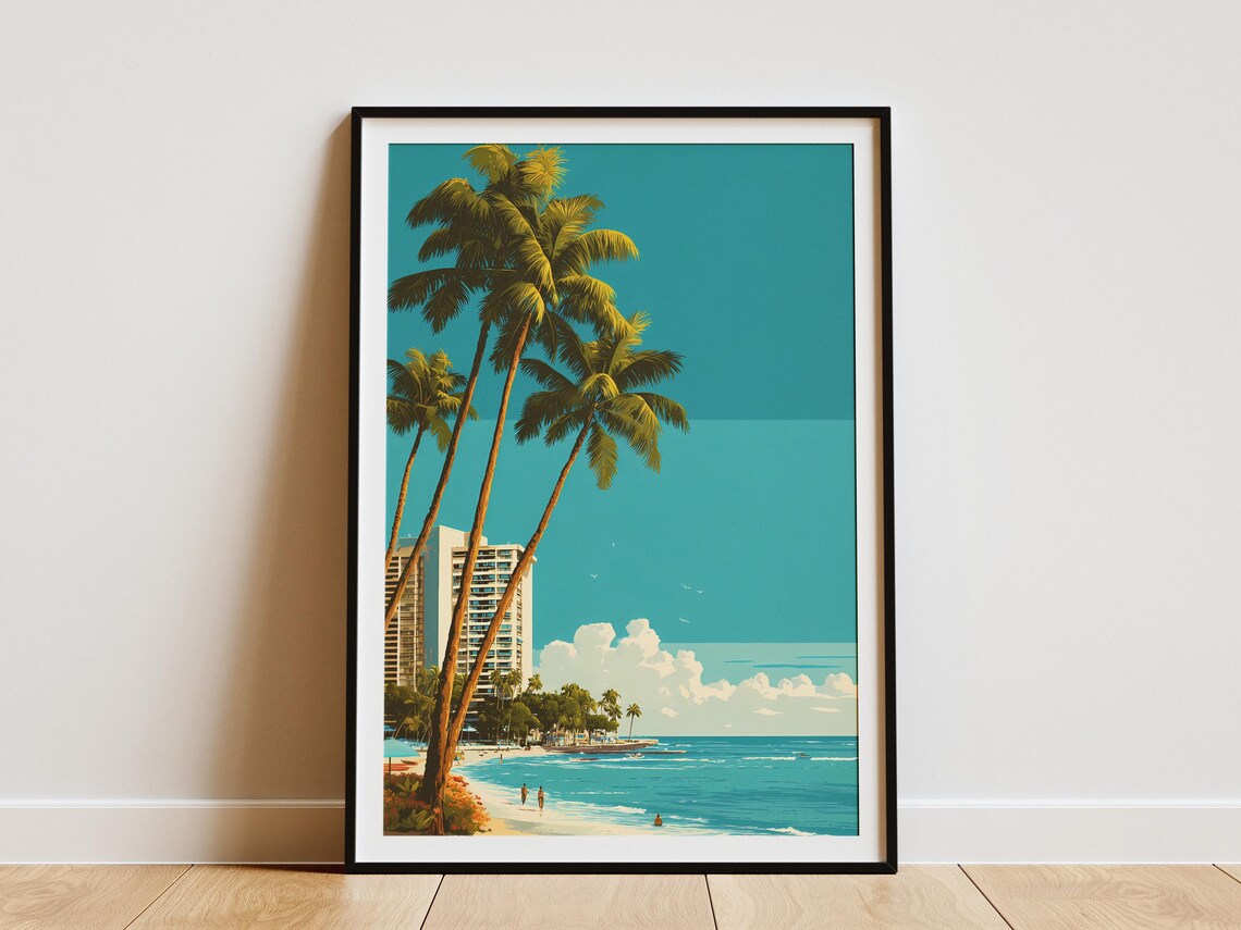 Midcentury Palm Trees Beach Hotel Retro Tropical Travel Style Poster