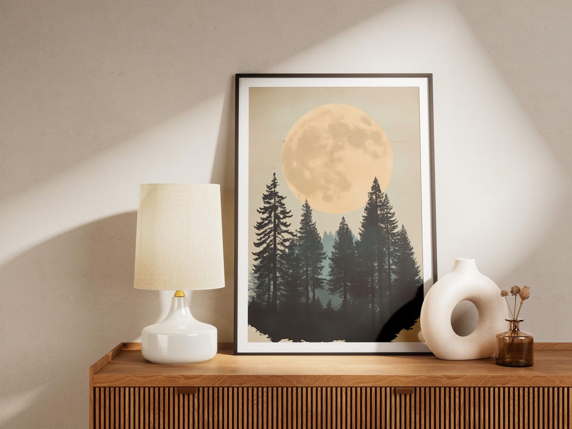 Redwood National Park Big Moon Behind Pine Silhouettes Mist Poster - Image 4