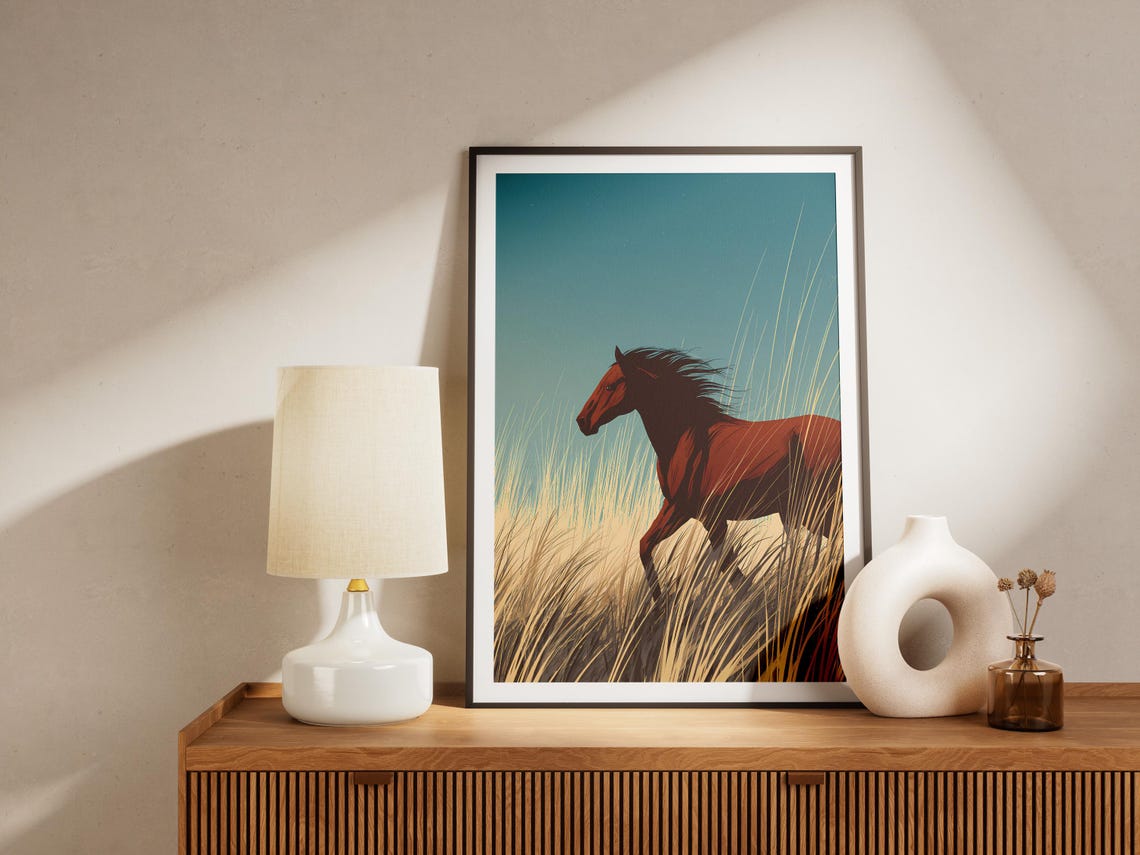 Wild Horse Running Through Golden Prairie Grass Sunset Poster - Image 4