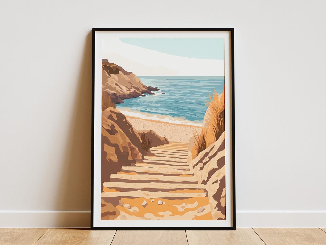 Sunlit Stone Staircase Through Tan Cliffs to the Beach Poster