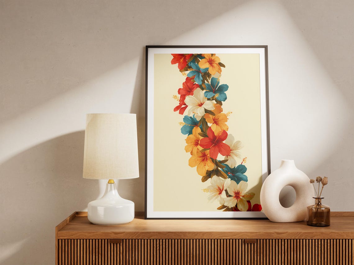 Hibiscus Lei Garland Vertical Multicolor Floral Cream Art Poster - Image 4
