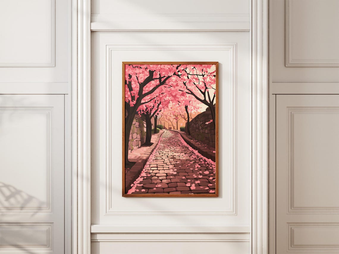 Pink Cherry Blossom Cobblestone Path Spring Petal Lane Poster - Image 2