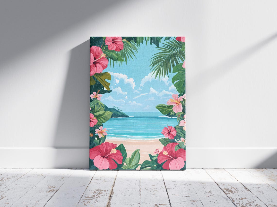 Pink Hibiscus Flowers Framing A Tropical Beach View Art Poster - Image 2