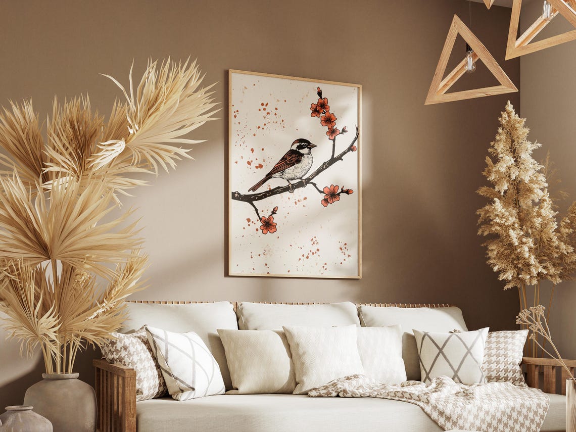 Sparrow Perched on Cherry Blossom Branch Minimal Ink Art Poster - Image 3