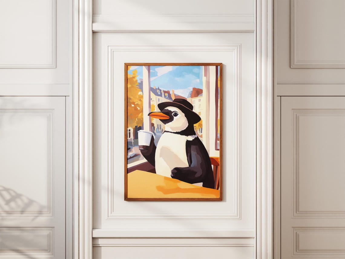 Penguin Coffee Poster Cute Animal Cafe Wall Decor Whimsical Gift - Image 2