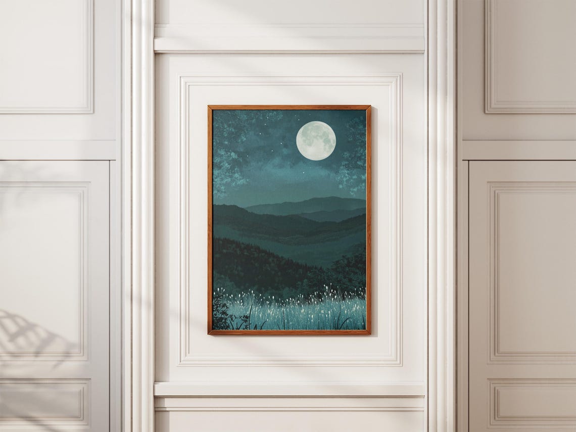 Shenandoah Full Moon Over Layered Teal Mountains Night Poster - Image 2