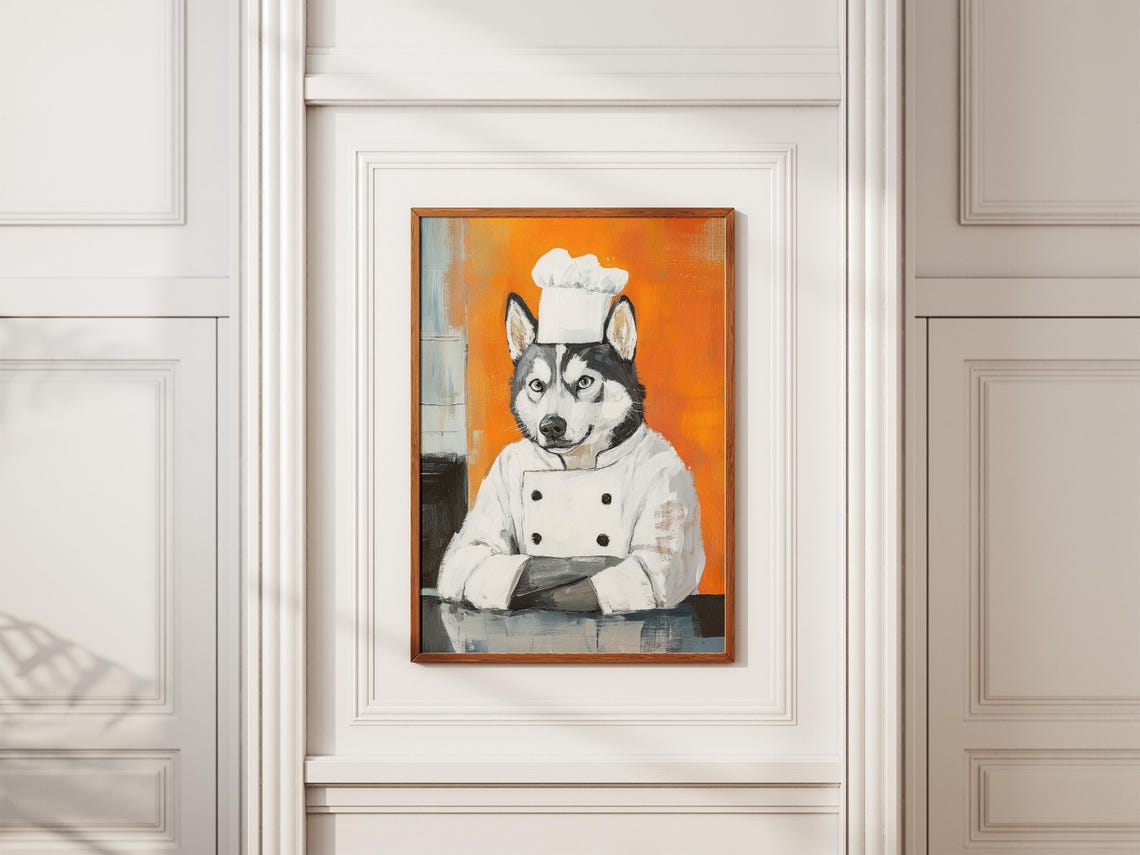 Husky Chef Painterly Dog Portrait Bold Orange Kitchen Poster - Image 2
