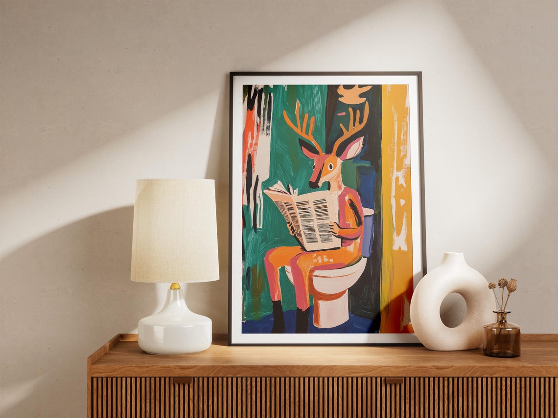 Deer on Toilet Reading Newspaper Colorful Funny Animal Poster - Image 5