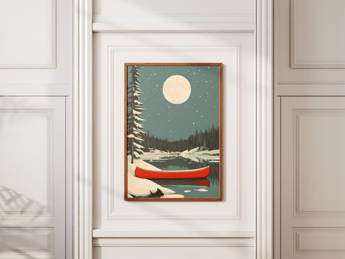 Red Canoe on Snowy Winter Lake Under Full Moon Night Scene Poster - Image 2