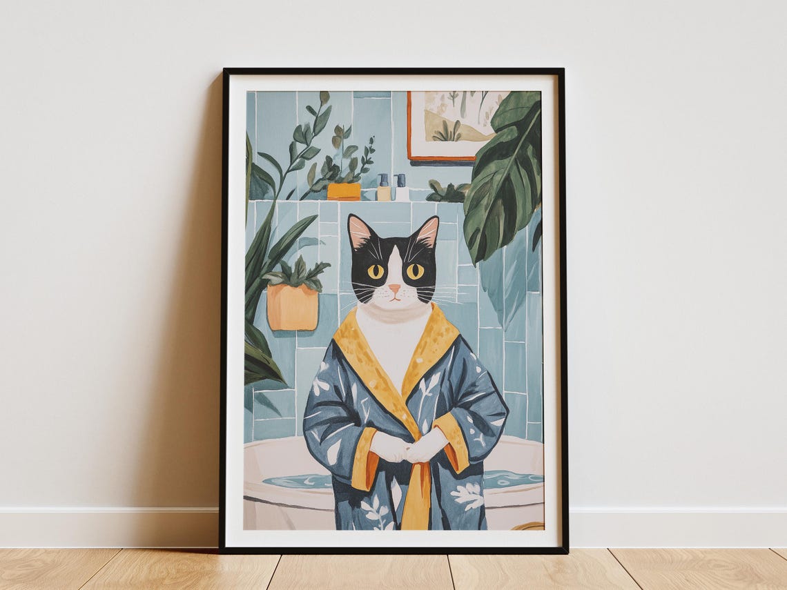 Tuxedo Cat Standing in a Blue and Gold Bathrobe Bathroom Poster