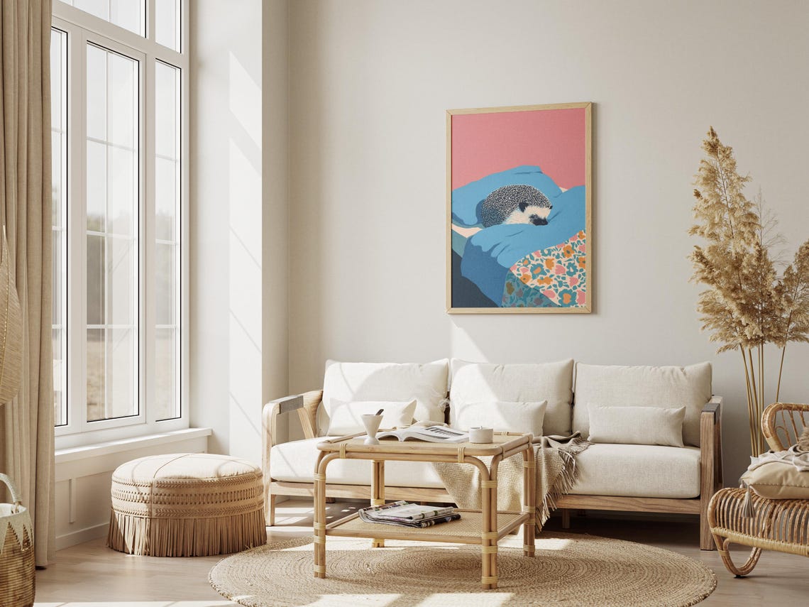 Cozy Sleeping Hedgehog on Blue Pillow Floral Matisse Art Poster - Image 3