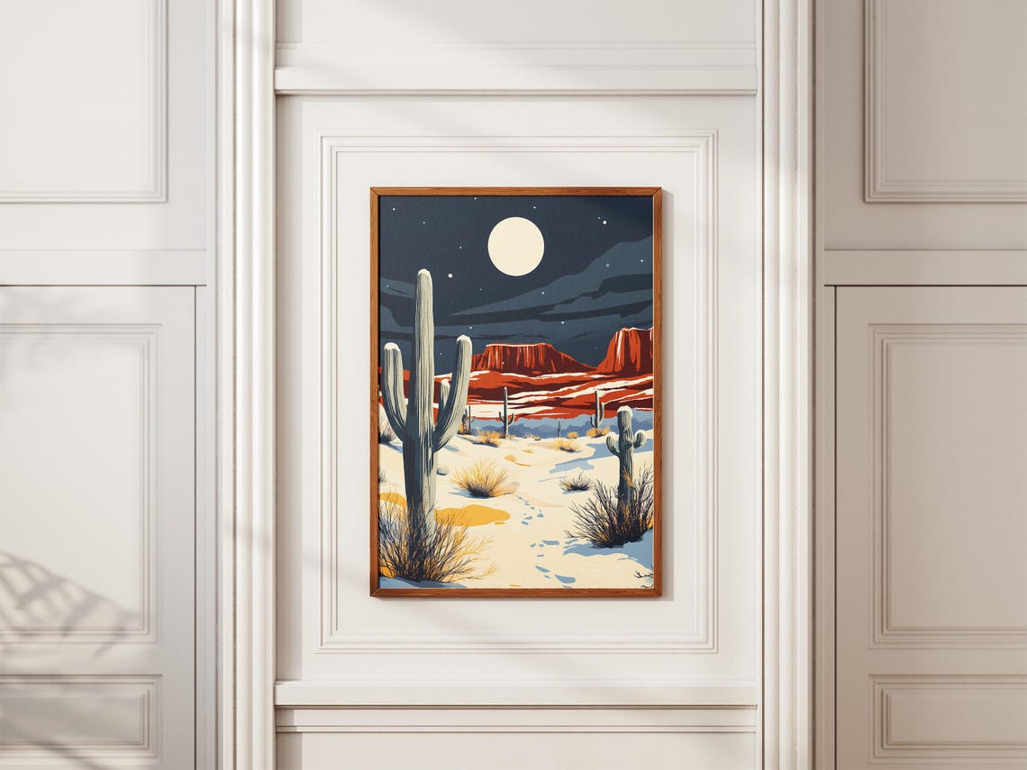 Snowy Desert Night Saguaro Cactus Under Full Moon Stars Poster - Image 2