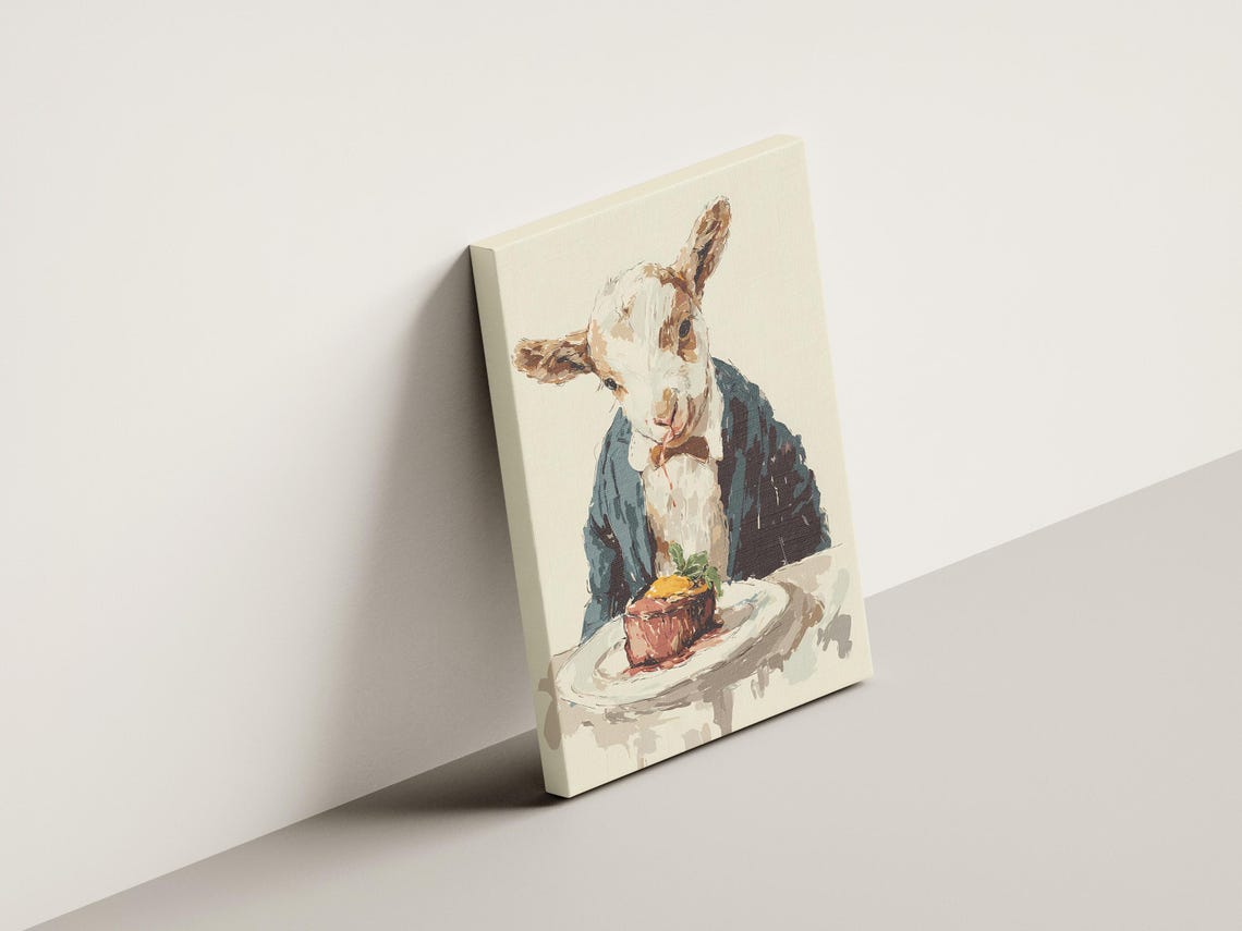 Dapper Baby Goat in Suit Eating Steak Funny Dinner Art Poster - Image 4