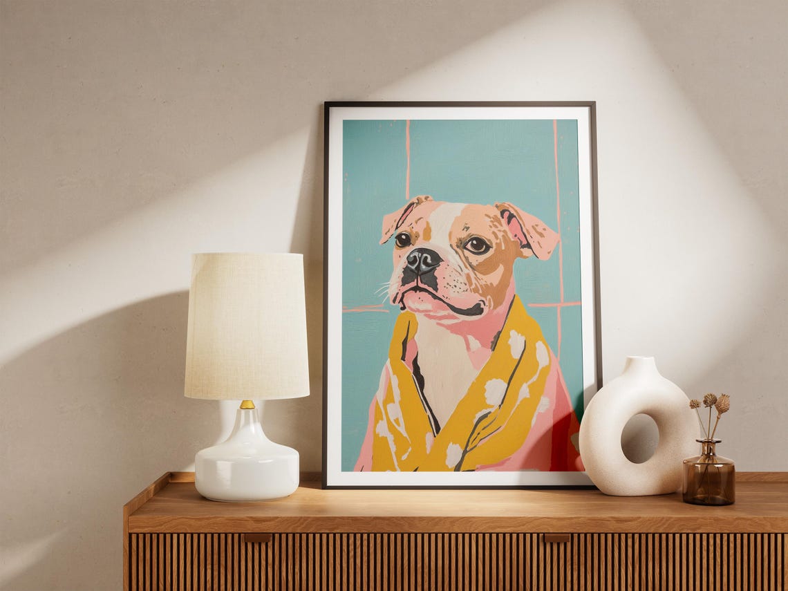 Staffy Puppy in Yellow Floral Bathrobe Teal Tile Bathroom Poster - Image 5