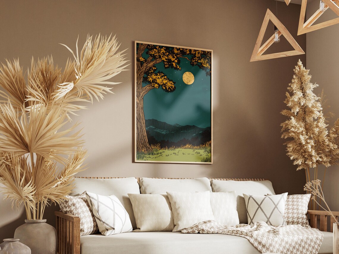 Full Moon Night Landscape Tree Mountains Serene Woodland Art Poster - Image 3
