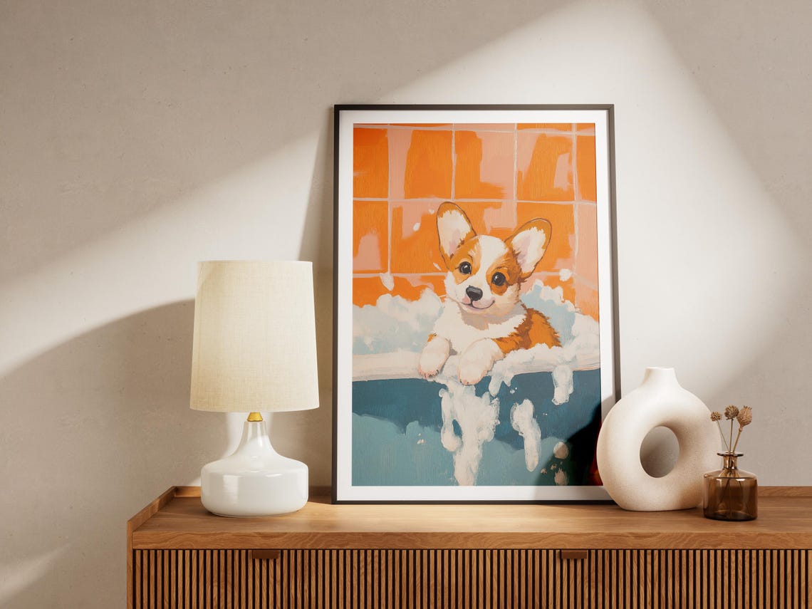 Corgi Puppy Bubble Bath Foamy Tub Orange Tile Bathroom Poster - Image 4