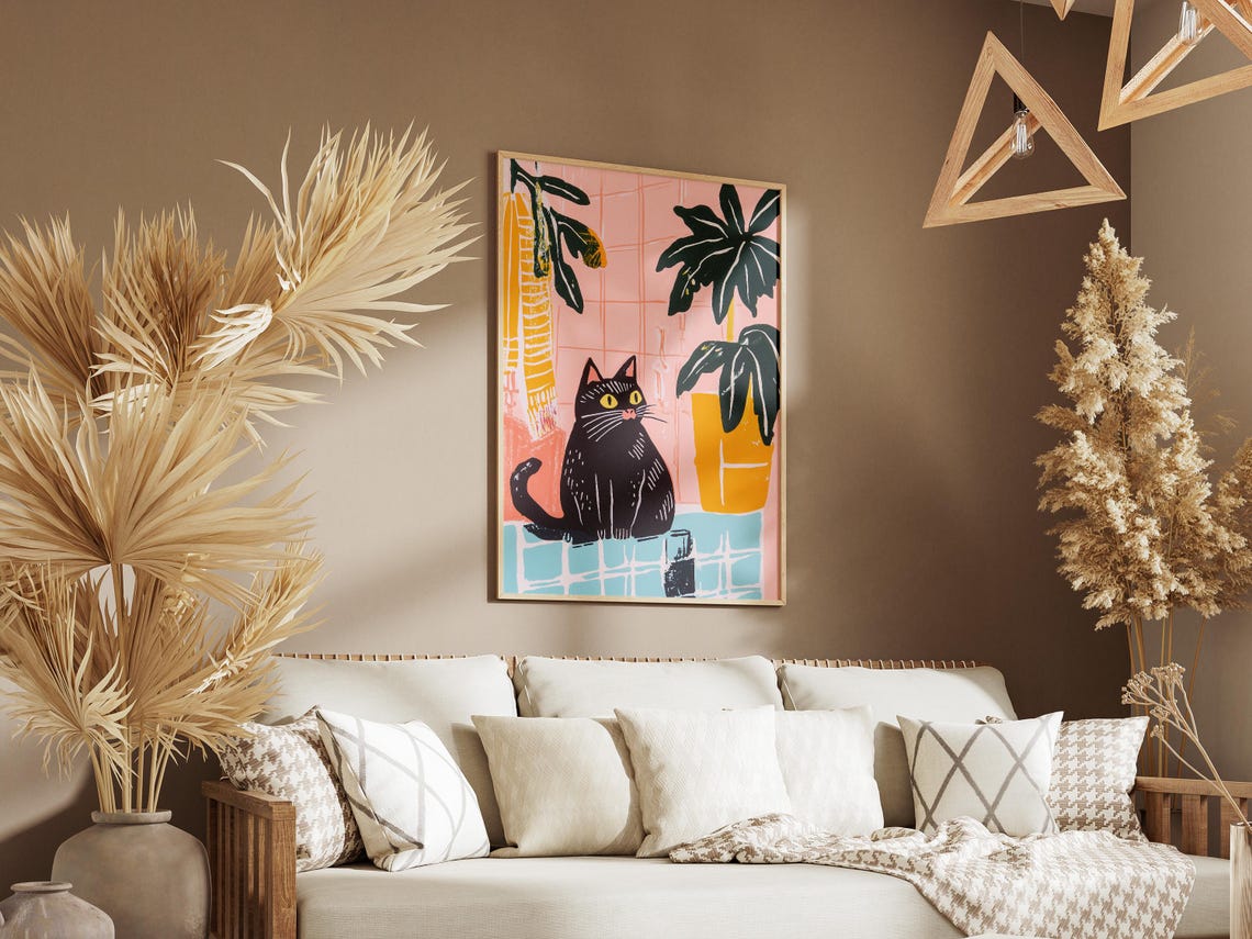 Black Cat Sitting in Colorful Bathroom Monstera Plant Poster - Image 3