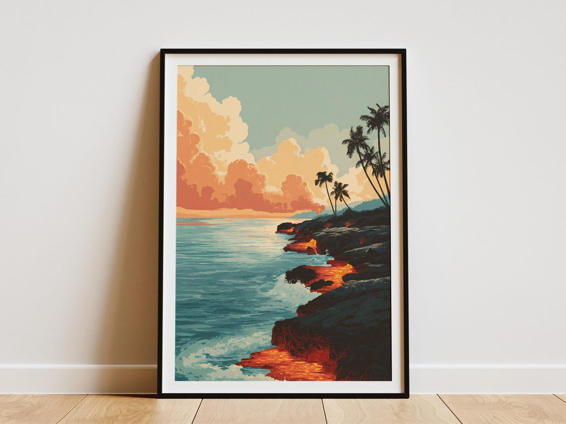 Hawaii Lava Flow Meeting Ocean Palms Vintage Travel Style Poster