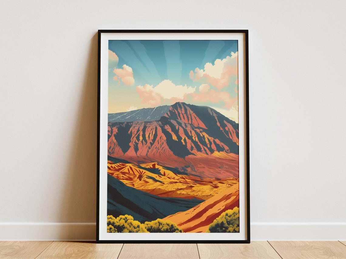 Hawaii Volcano Mountain Vintage Travel Style Peak Sunset Poster