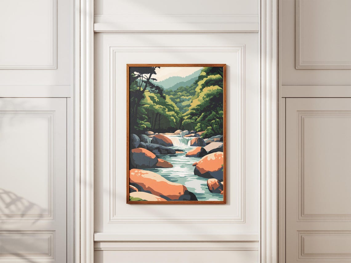 Misty Forest River Red Rock Waterfall Wilderness Landscape Poster - Image 2