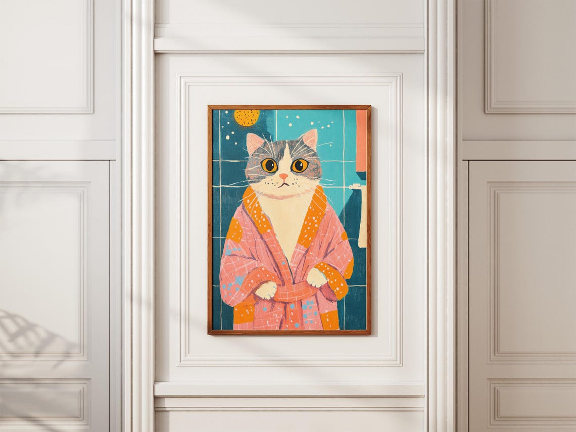 Cute Wide Eyed Tabby Cat Pink Orange Robe Funny Bathroom Poster - Image 2