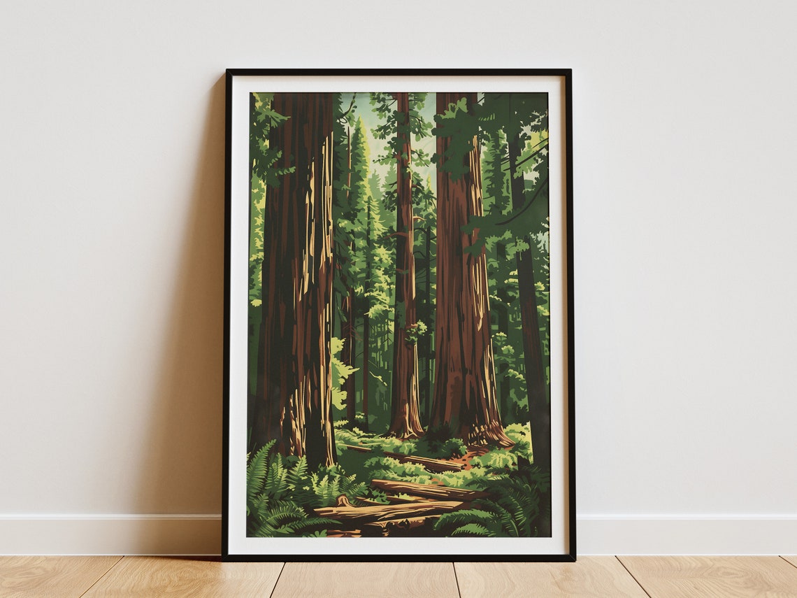 California Redwood Forest Giants Fern Trail Vintage Nature Poster