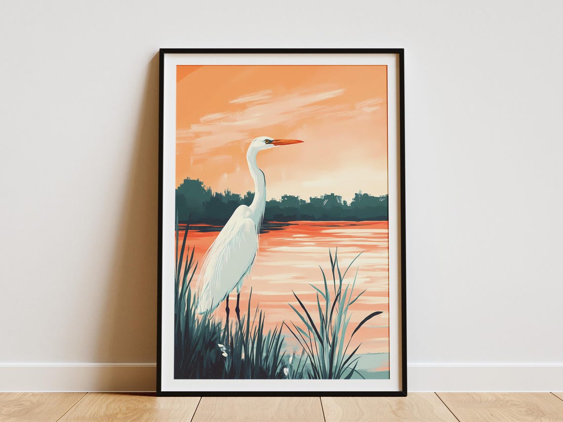 Elegant White Heron Sunset Marsh Orange Sky Wetland Bird Art Poster