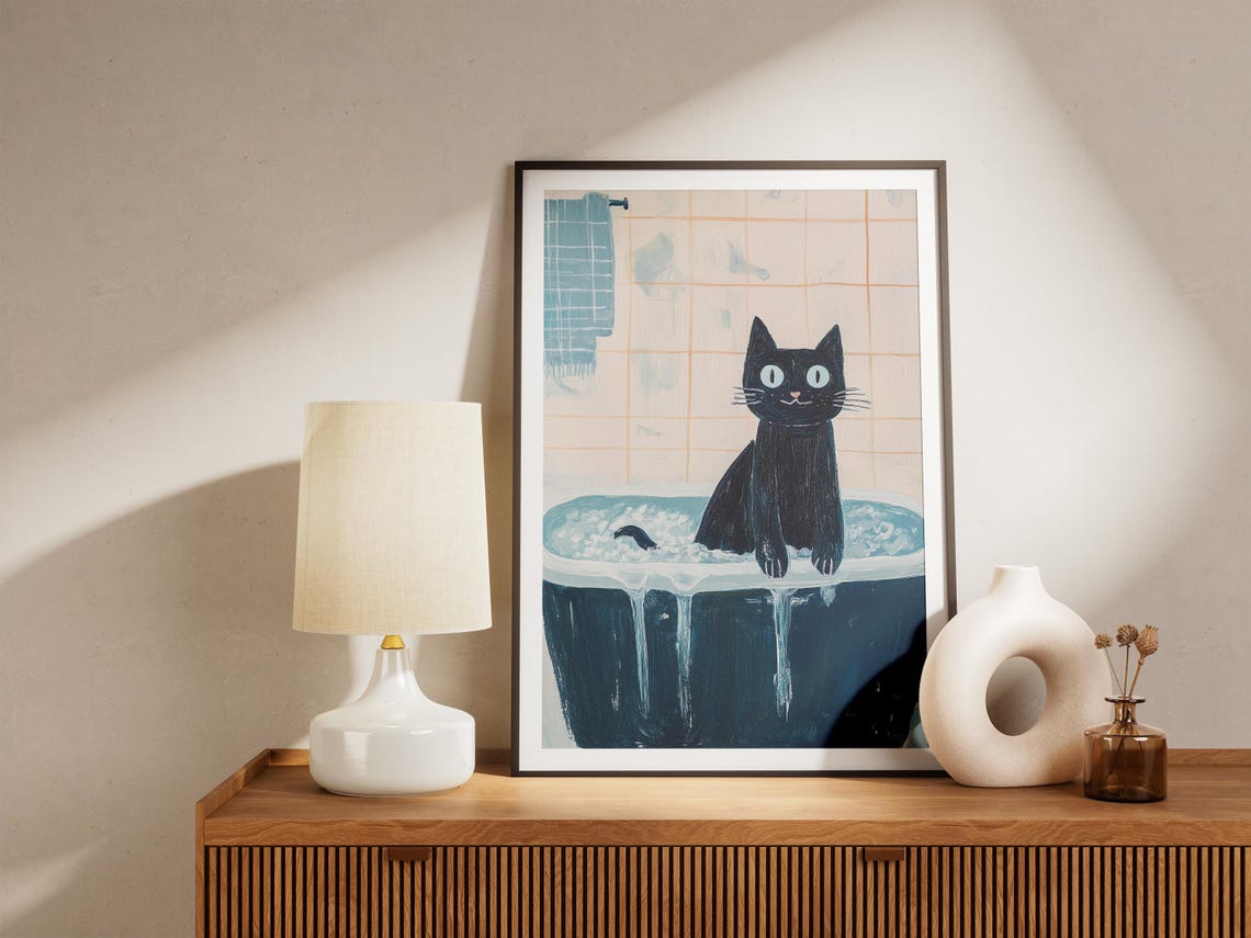 Black Cat Bubble Bath Dark Blue Tub Whimsical Bathroom Poster - Image 4