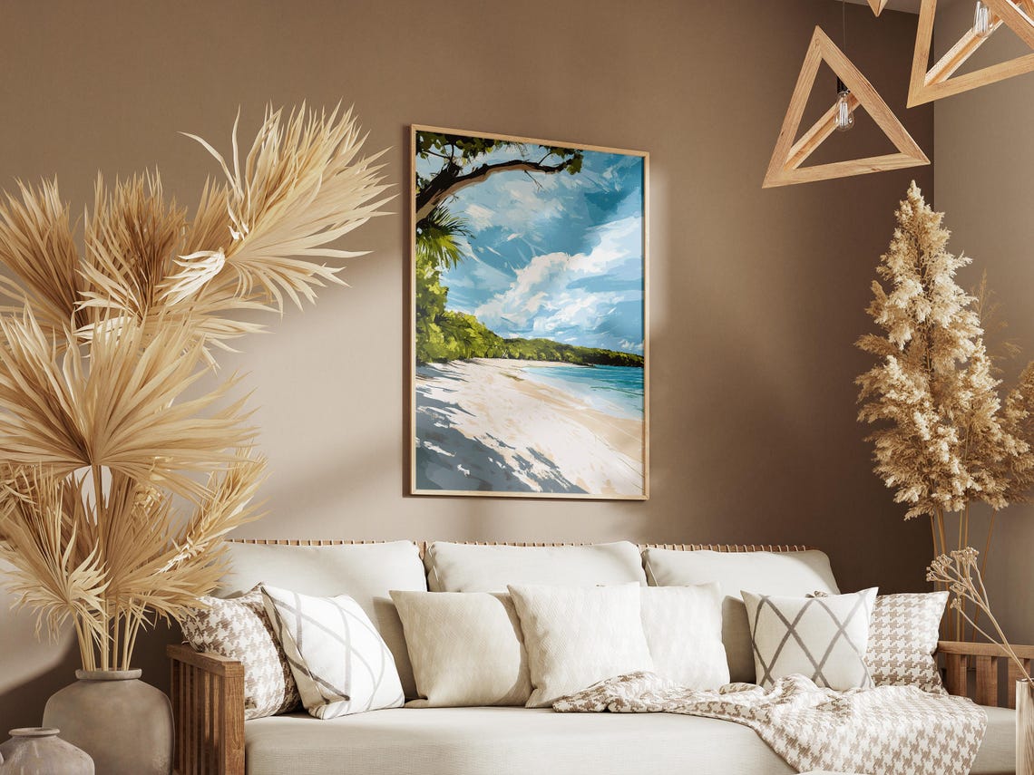 Tropical Island Beach With Palm Branch Overhanging Ocean View Poster - Image 3