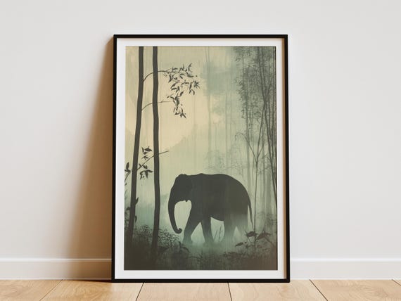 Elephant In Foggy Forest Art Print Moody Nature Poster Silhouette Elephant Artwork Atmospheric Animal Print Forest Decor Wall Art
