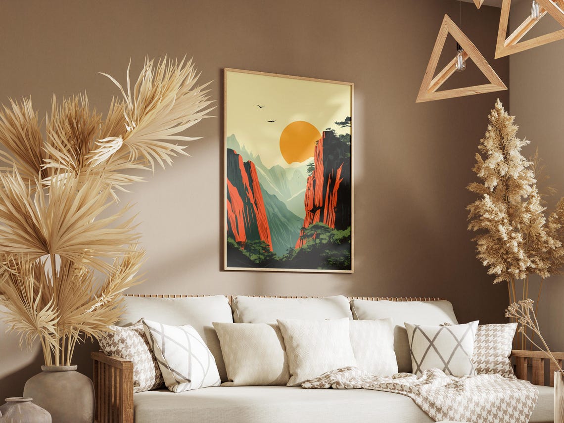 Wolong China Mountain Gorge Red Cliffs Sun Vintage Travel Decor Poster - Image 3