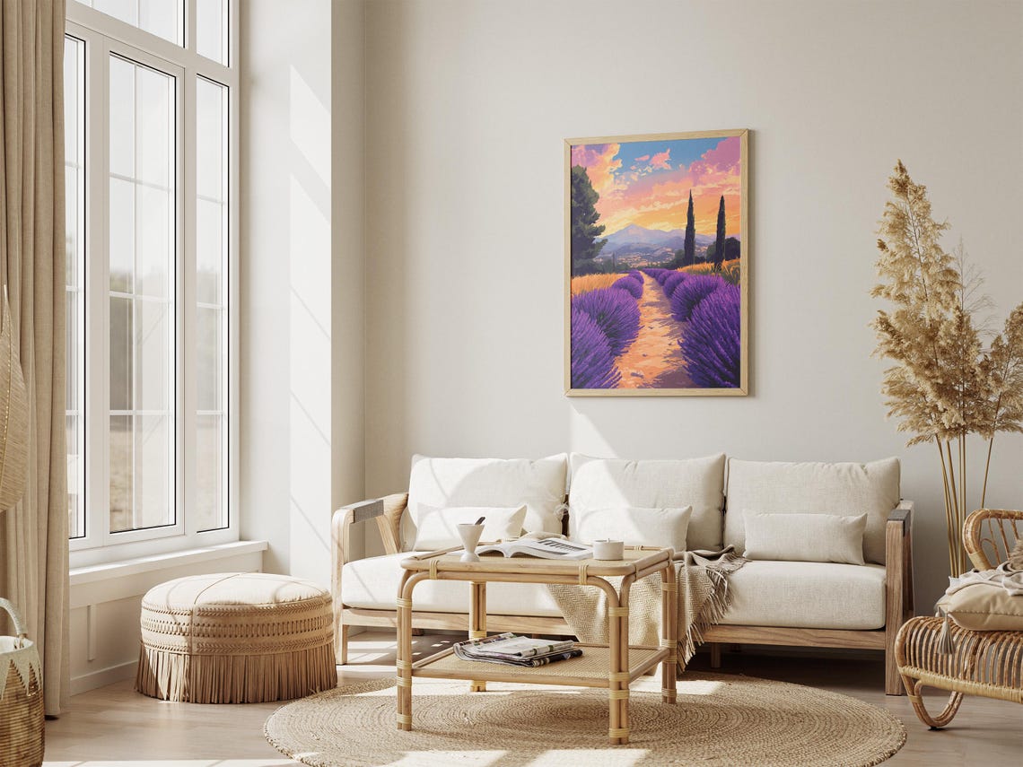 Lavender Rows Sunset Valley Pink Sky Romantic Landscape Poster - Image 4