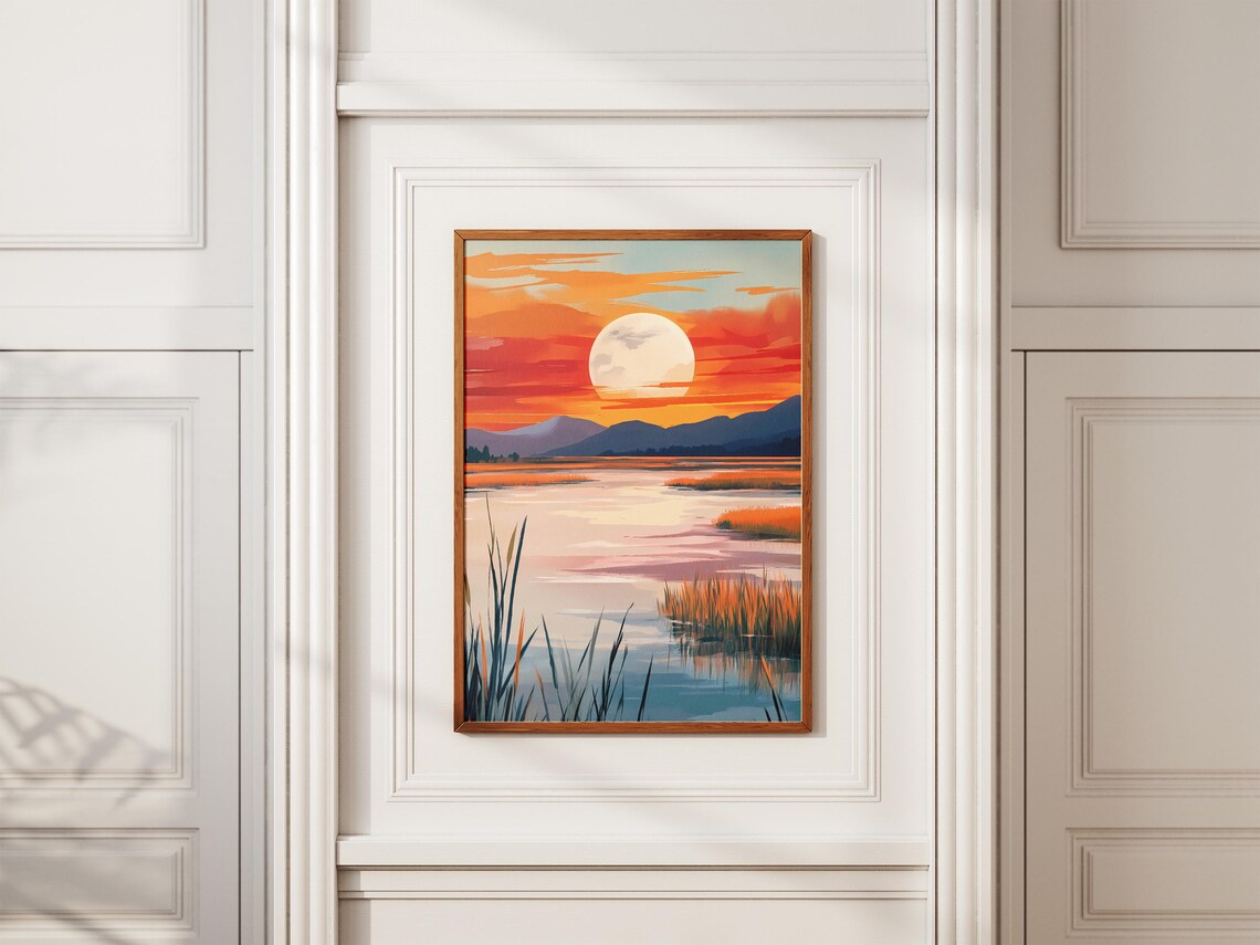 Big Bright Moonrise Over Reeds Water Mountain Lake Scene Poster - Image 2