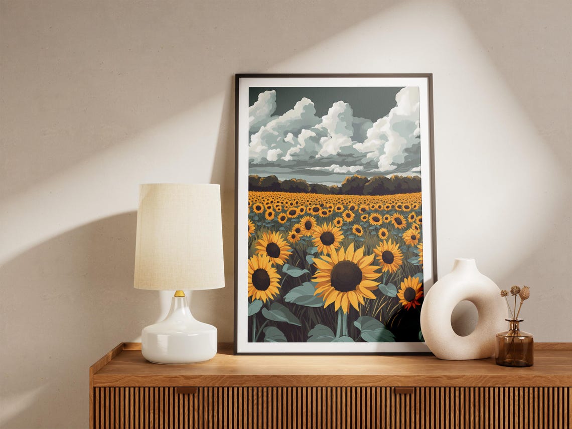 Golden Sunflower Field Under Dramatic Stormy Clouds Summer Poster - Image 5