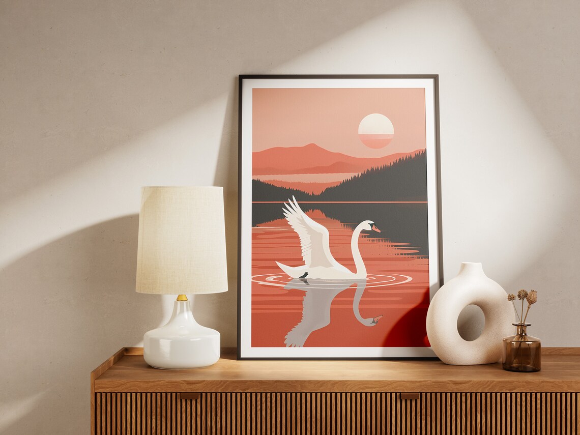 White Swan Sunset Lake Coral Glow Mid Century Wildlife Poster - Image 2